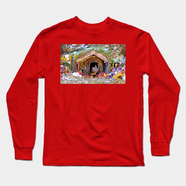 festive christmas mouse in a log cabin house Long Sleeve T-Shirt by Simon-dell